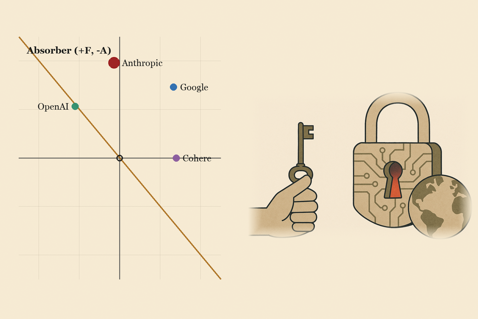 A quadrant chart on warm paper places four AI labs on the access and cognitive-sovereignty map: Anthropic and OpenAI as Absorbers in the top-left, Google as a Transmuter in the top-right, and Cohere on the boundary at the vertical axis, beside an editorial illustration of a hand holding a key before a padlock whose keyhole glows with a locked frontier-AI source, with the planet beside it.