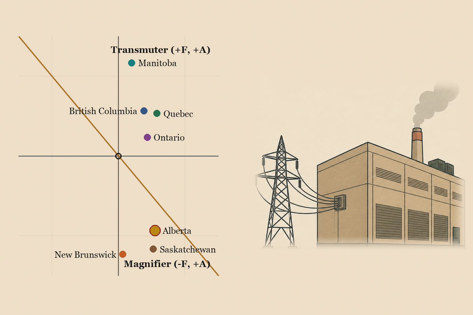 Left: a Transmutarianism quadrant with seven provincial dots. British Columbia, Manitoba, Ontario and Quebec sit in the upper-right Transmuter region; Alberta (ringed), Saskatchewan and New Brunswick sit in the lower-right Magnifier region below the zero-moral-work diagonal. Right: a flat-vector editorial illustration of a datacenter hall beside transmission towers on warm paper.