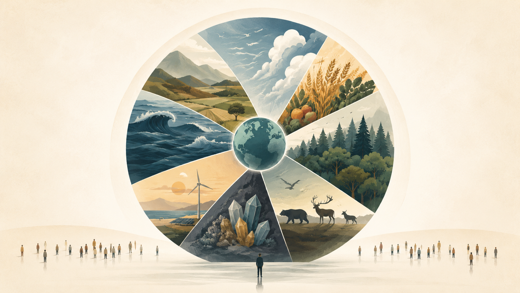 An illustration of Earth's resources, water, land, grain, forest, minerals, and wildlife, arranged as wedges of a circle around a small globe, with small human figures standing beneath it.