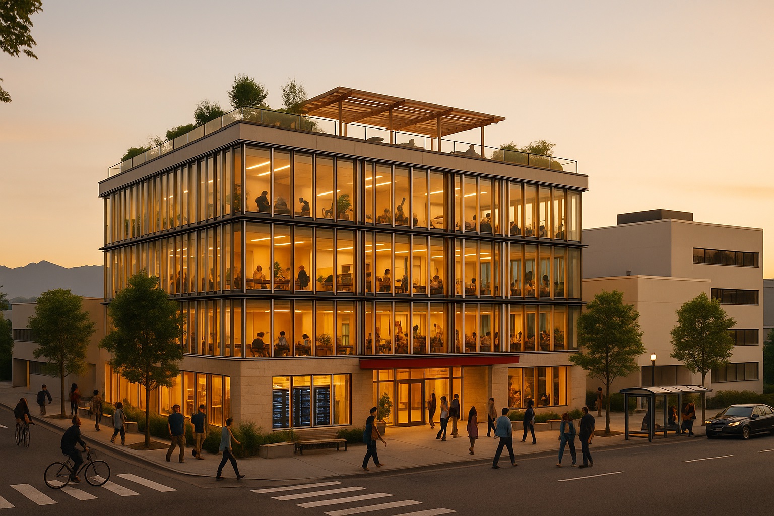 Architectural rendering of the Compute Community Centre at golden hour: four glass storeys full of people, a planted roof with a timber pergola, a compute room visible from the sidewalk, and a busy street in front.